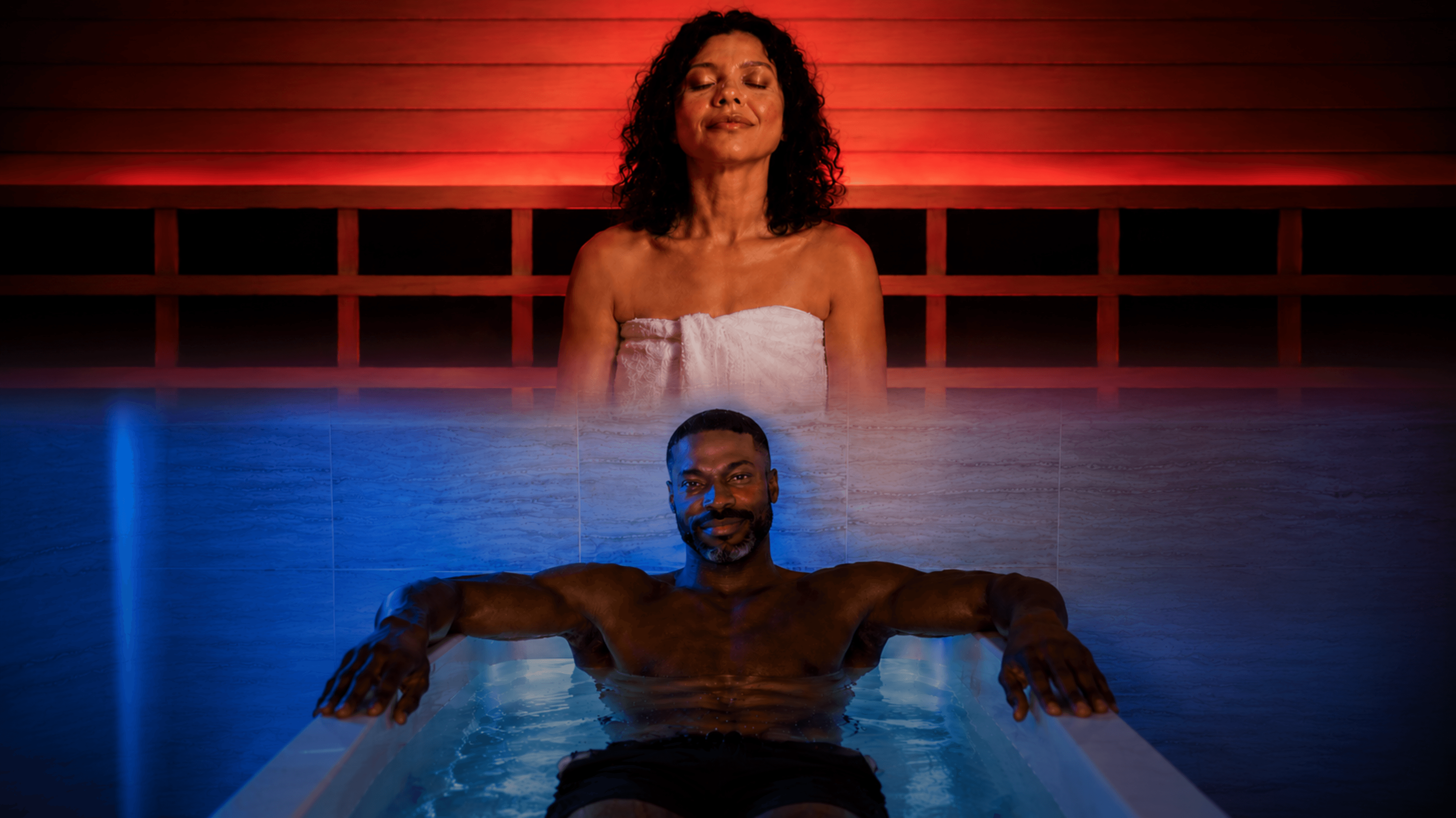 Private contrast therapy suite with sauna and cold plunge